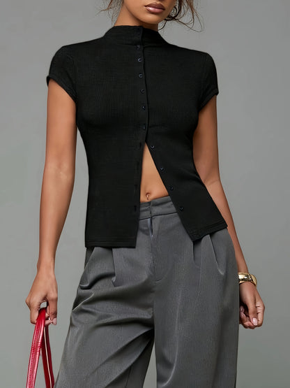 Knitted Turtleneck Top Slim Four-Season Short-Sleeved Cardigan