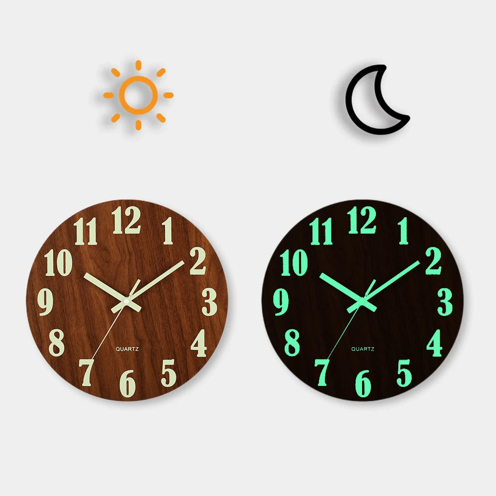 12 Inch Luminous Wall Clock Wood Silent light in dark