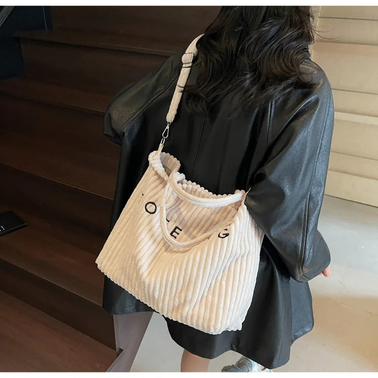 Large Capacity Striped Velvet Handbag Shoulder Crossbody Bags