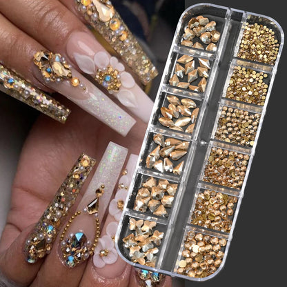 12Gird 3D Glass AB Crystal Nail Art Rhinestones Kit