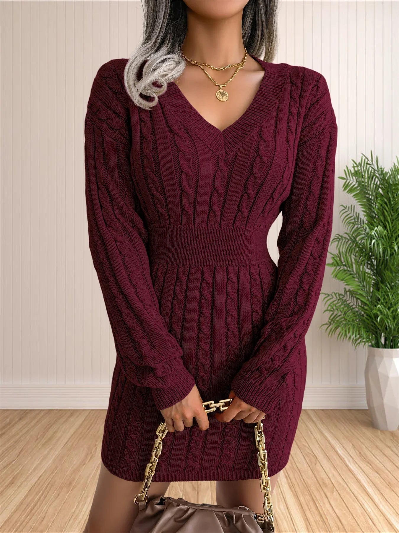 Sweater Cocktail V Neck Knitted Dress