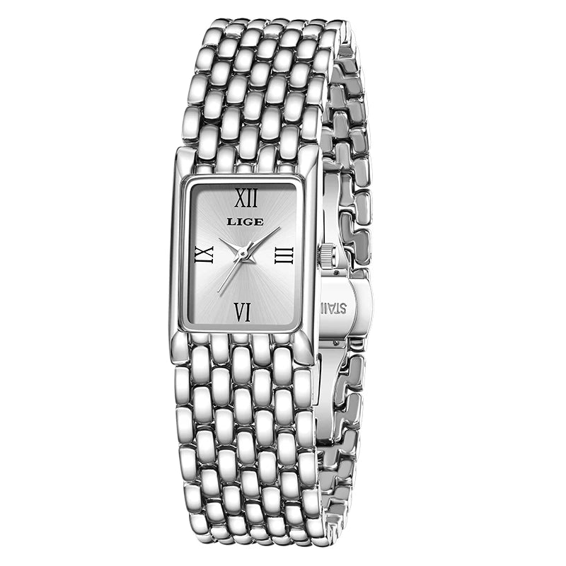 Quartz Silver Simple Square Luxury Stainless Steel Folding Wristwatch