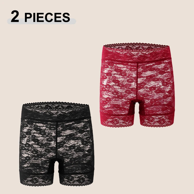 2Pcs/Set Lace Sexy Floral High Waist Transparent Boxers Short
