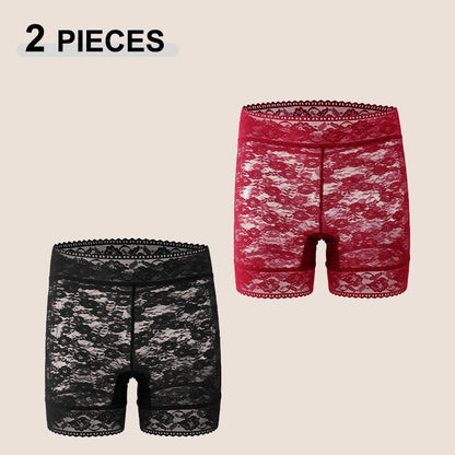 2Pcs/Set Lace Sexy Floral High Waist Transparent Boxers Short