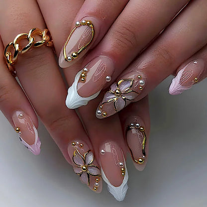 24Pcs Gilded 3D Flower Press on Nails Black French Leopard Print False Nails