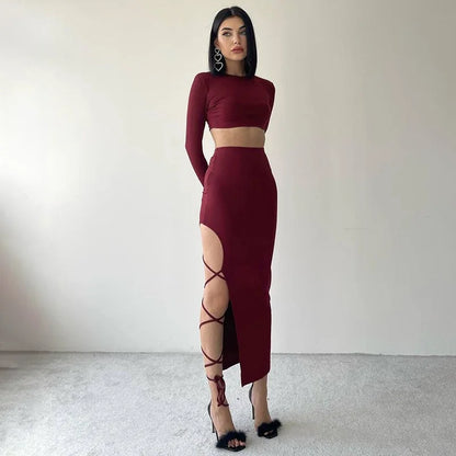 Pullover Long Sleeve Split Legless Sexy Skirt Set