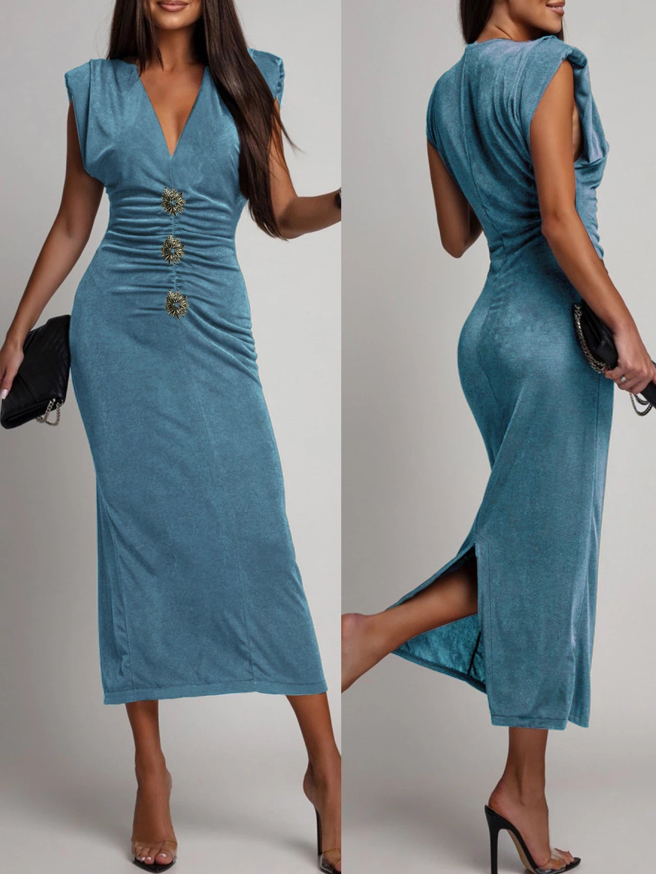 Sleeveless Skinny Midi Long Deep V-neck Hip Wrap Elegant Dress