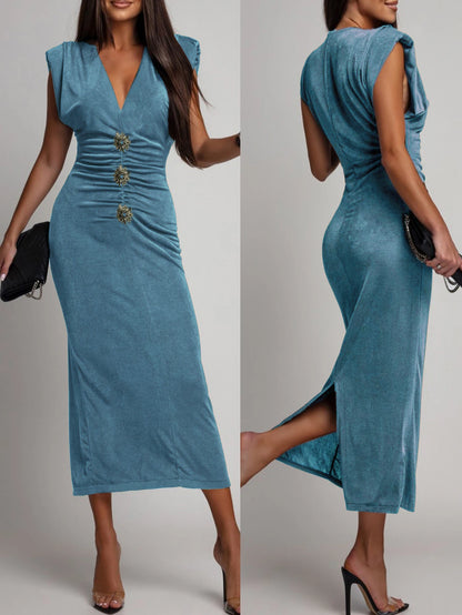 Sleeveless Skinny Midi Long Deep V-neck Hip Wrap Elegant Dress