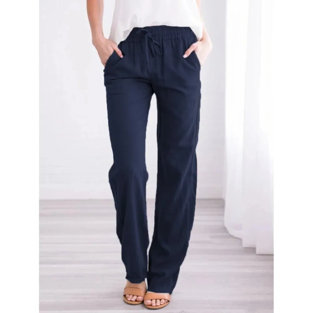 Cotton Linen Drawstring Baggy Straight Leg Pants