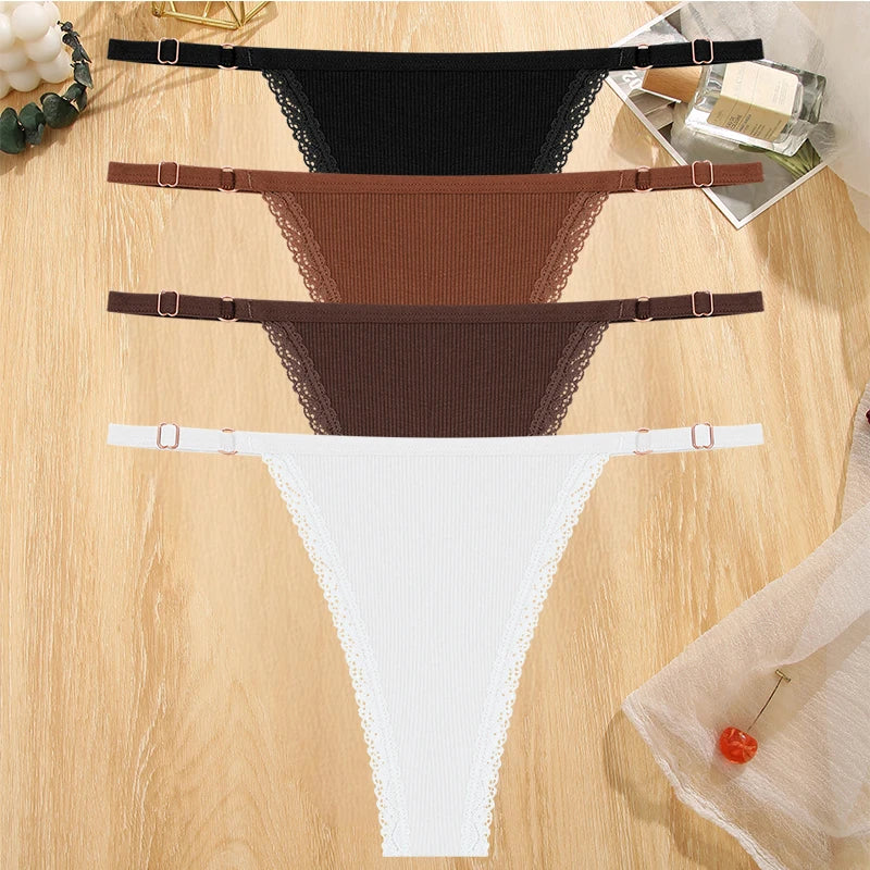 4Pc G-String Cotton Lace Thongs Lingerie Low Rise Straps Hipster