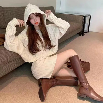 High Waist Hip Knitted Twist Outfits Autumn/Winter Elegant Hooded Pullover Sweater Set