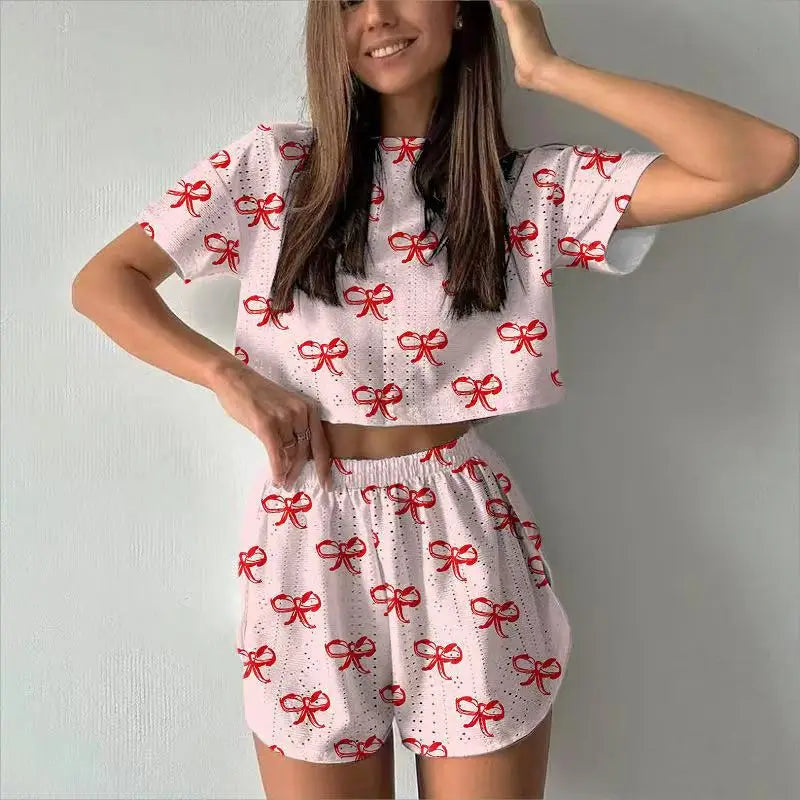 Short Sleeve Shorts Jacquard Print Pajamas Set