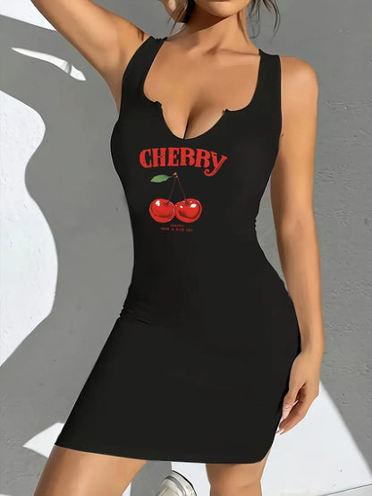 Casual Sexy Cherry Print Round Neck Vest Dress