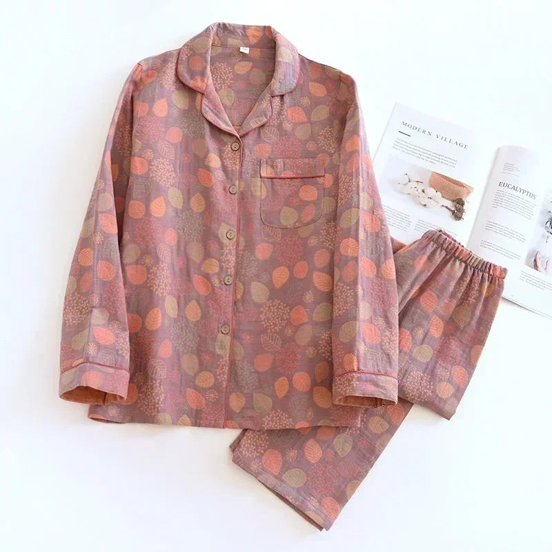 Suit Long-sleeved Trousers 100% Cotton Crepe Flower Leaves Pajama Sets