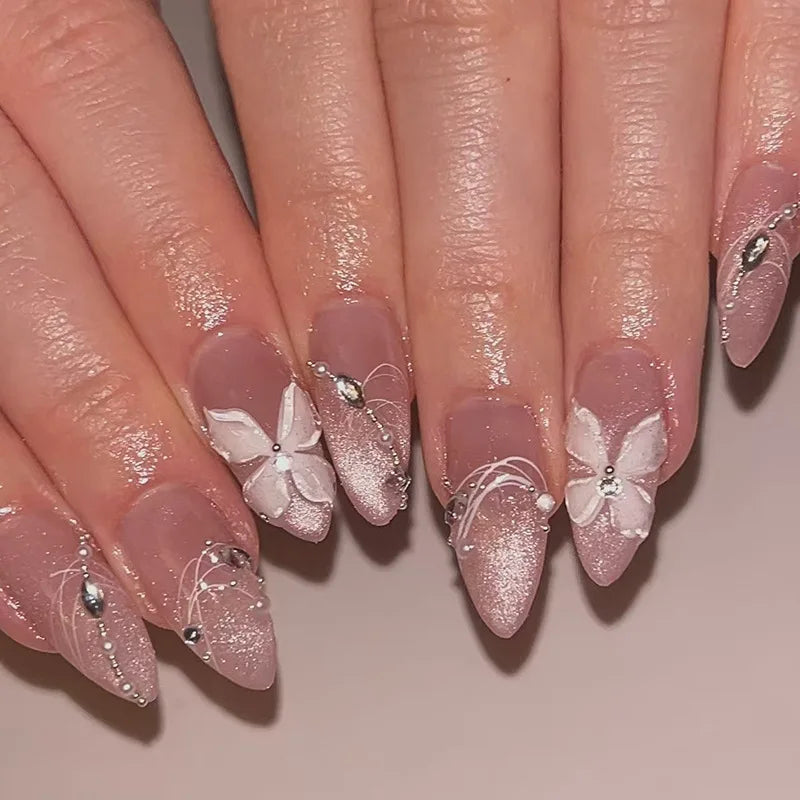 24Pcs Metallic Cat Eye French Sheer Manicure Tip Art Textured 3D Acrylic False Nails