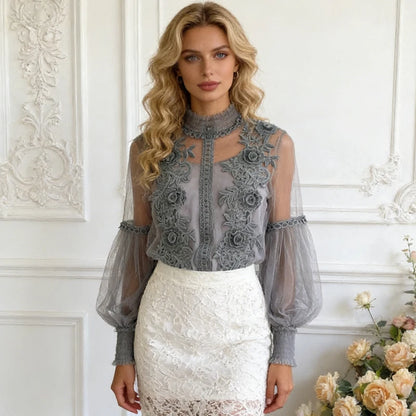Vintage Lace Sweet Flower Perspective Mesh Lantern Sleeve Shirts