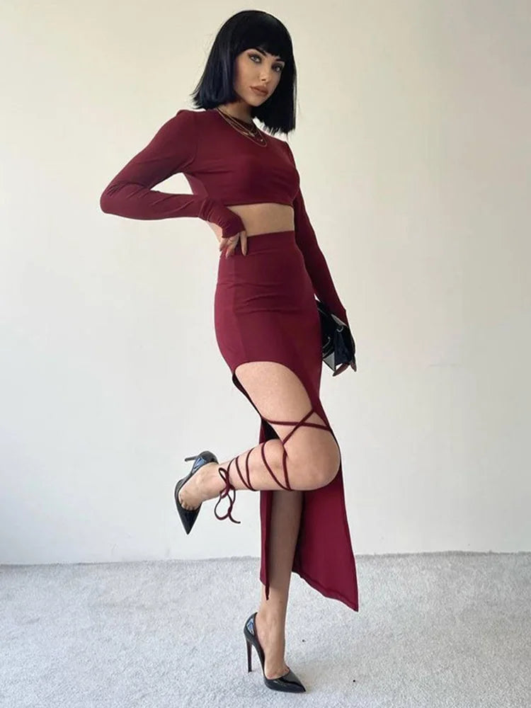 Pullover Long Sleeve Split Legless Sexy Skirt Set