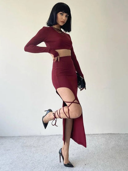 Pullover Long Sleeve Split Legless Sexy Skirt Set