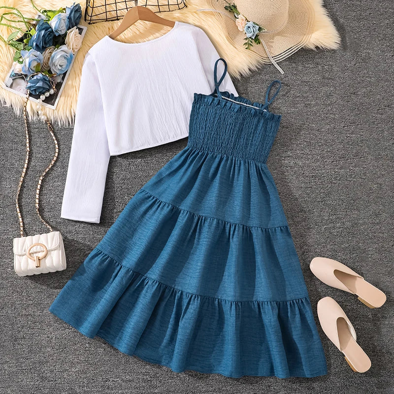 Kid Girl Long Sleeve Bow Sling Dress Set