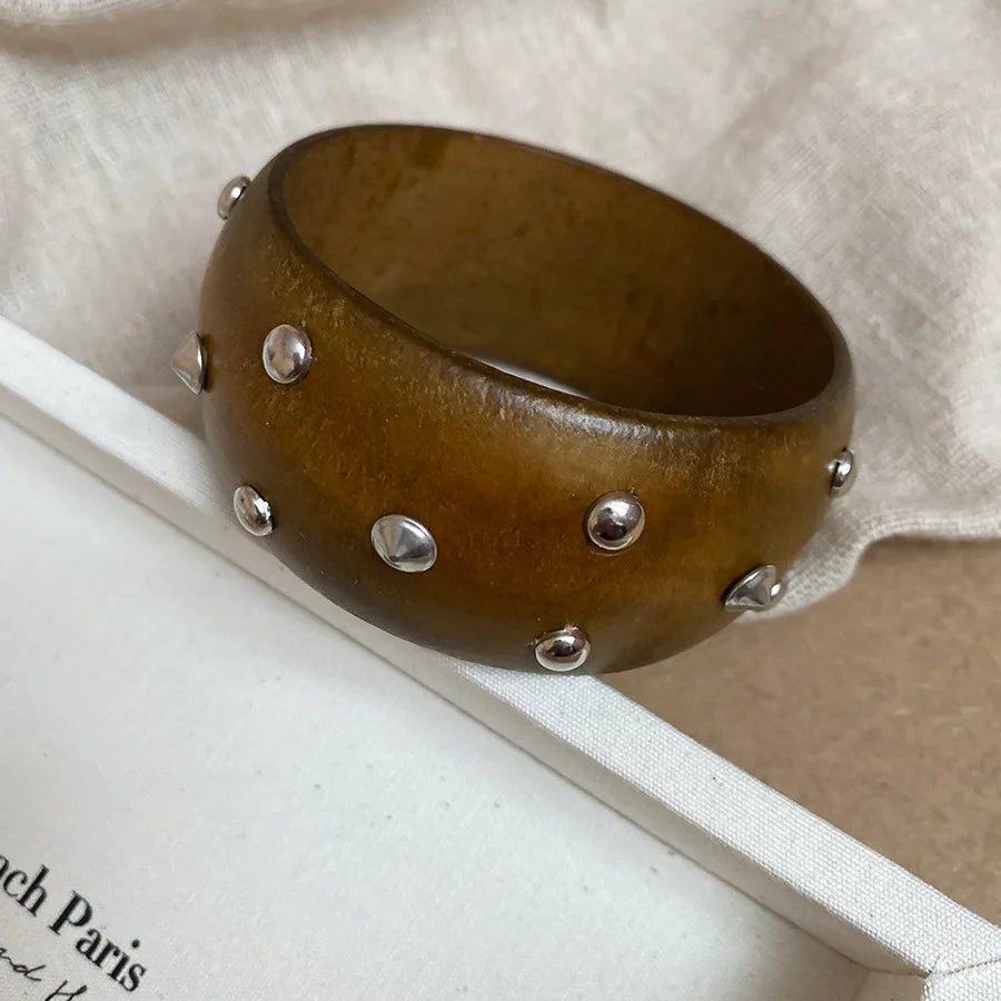 Natural Wooden Square Round Hip Hop  Rivet Beads Wide Bangles Bracelet