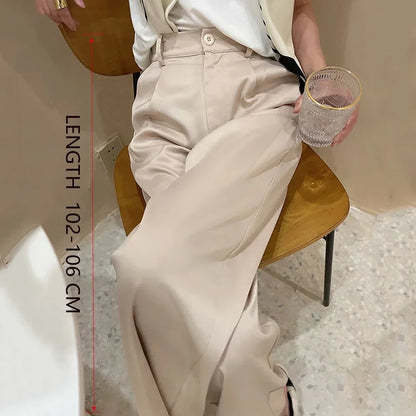 High Waist Wide Leg Fit Classic Black Silk Satin Korean Style Pants