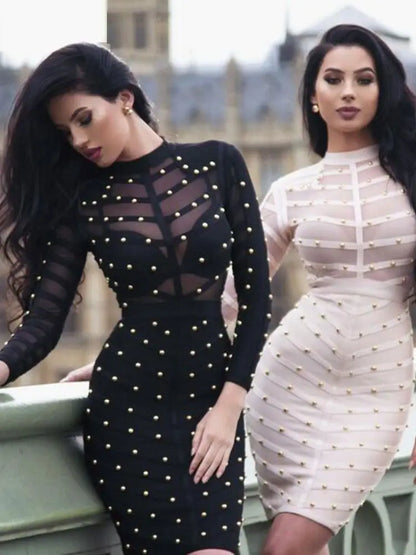 فستان أسود كاكي جذاب بأكمام طويلة مزين بالبرشام