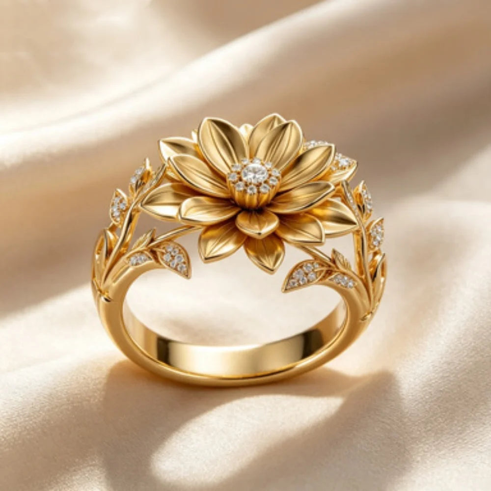 Luxury Plant White Zircon Big Stone Lotus Ring