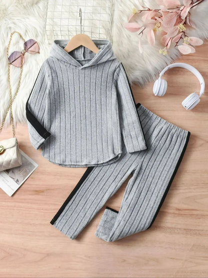 Girls' Casual Ribbed Long-Sleeved Hoodie And Trousers Set