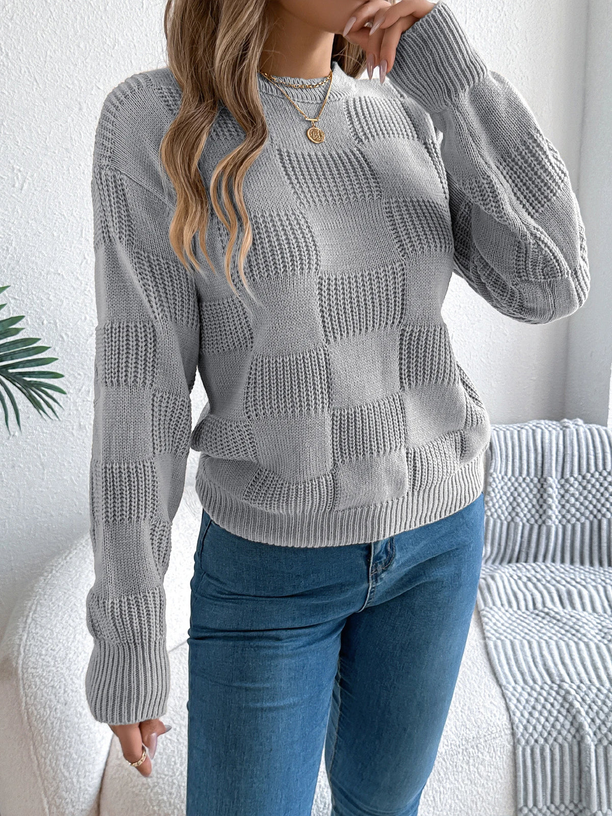 Solid Plaid Round Neck Long Sleeve Knit Cozy Sweaters