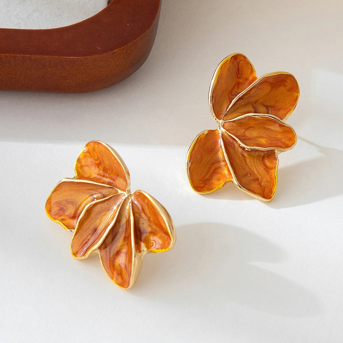 Metal Flower Red Enamel Petal Drop Earrings