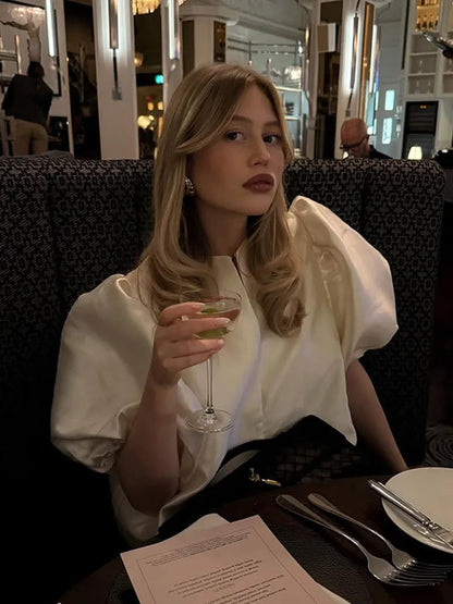 Satin Bubble Sleeves Round Neck Loose Shirt