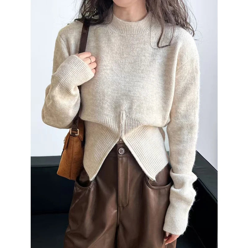 Autumn Korean Style O-neck Slim Fit Long Sleeved Knitted Sweater