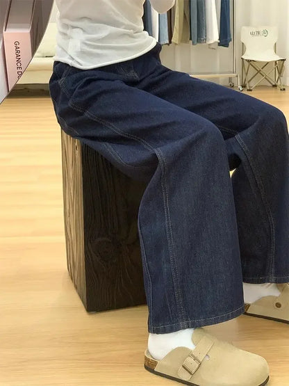 Dark Blue High Waist Loose Wide Leg Pants Jeans