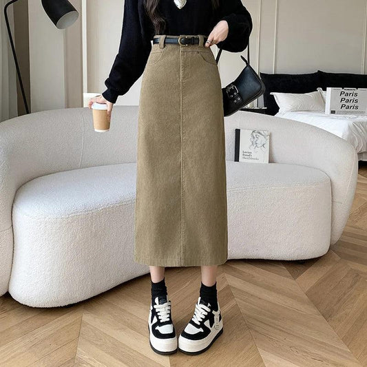 Corduroy Long Skirt Vintage High Waist Wrap Cargo Bodycon Skirts