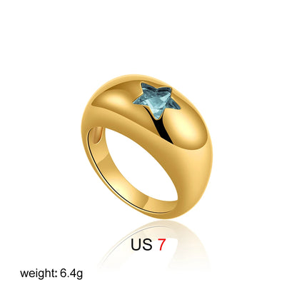 Waterproof 18K Gold Chubby Star Sleek Stainless Steel Pink Zircon Dome Finger Ring
