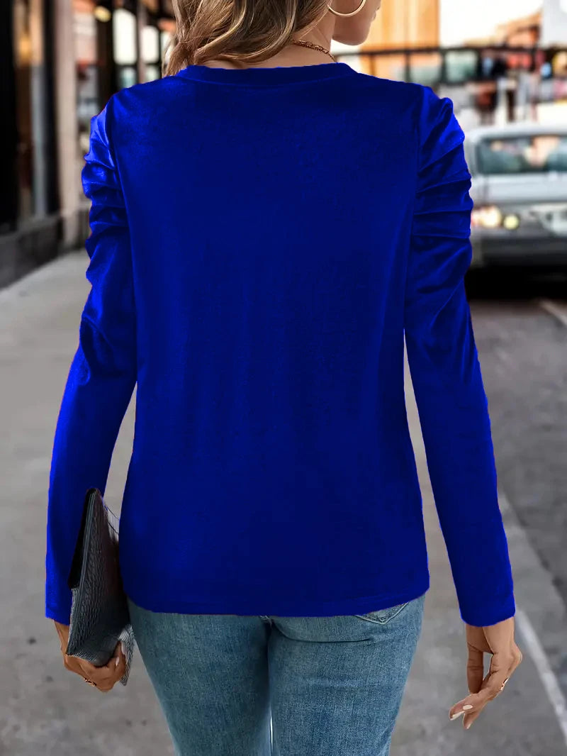 Autumn Round Neck Puff Long Sleeve Velvet Fashion Top T-shirt