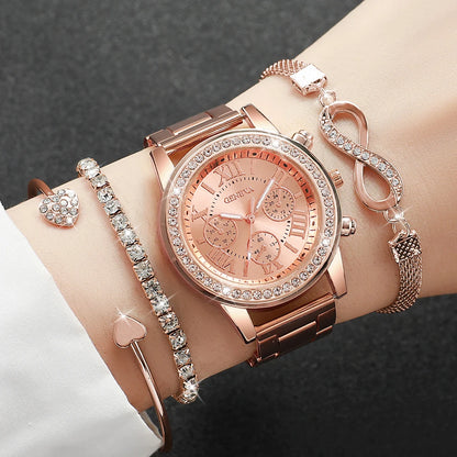 4PCS/Set Rhinestone Luxury Steel Band Quartz Bracelets Watches Set