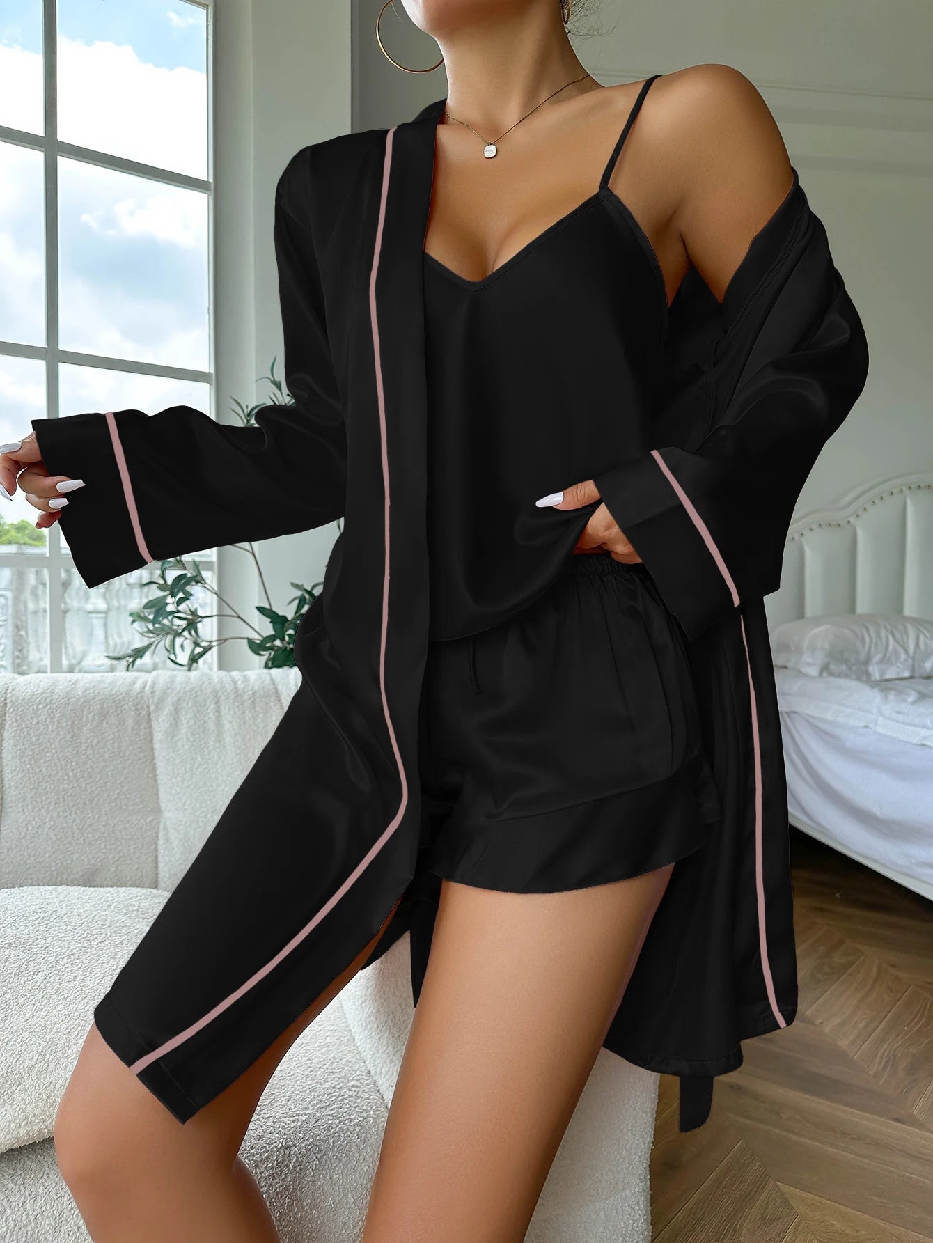 Satin Long Sleeve Belted Robe Lingerie Pyjamas