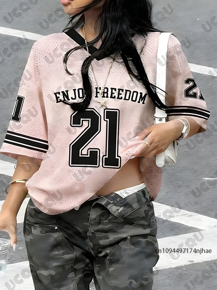 No.21 Print V-Neck Short Sleeve Sports Football Jersey Y2K Oversized T-Shirt