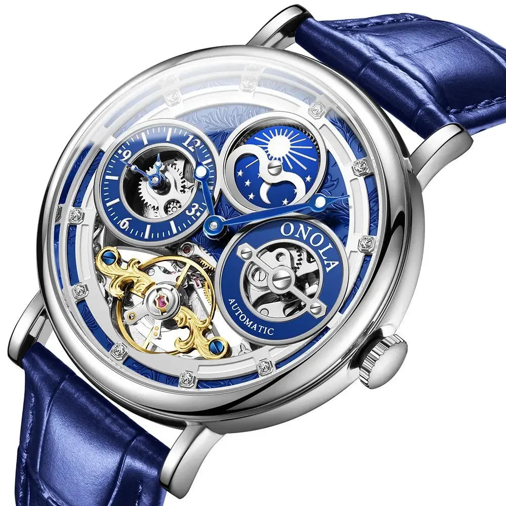 Automatic Movement Dual Time Zone Moon Phase Waterproof Tourbillon Mechanical Watch