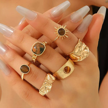 6pcs Sunflower Tiger Eye Stone Ring Set