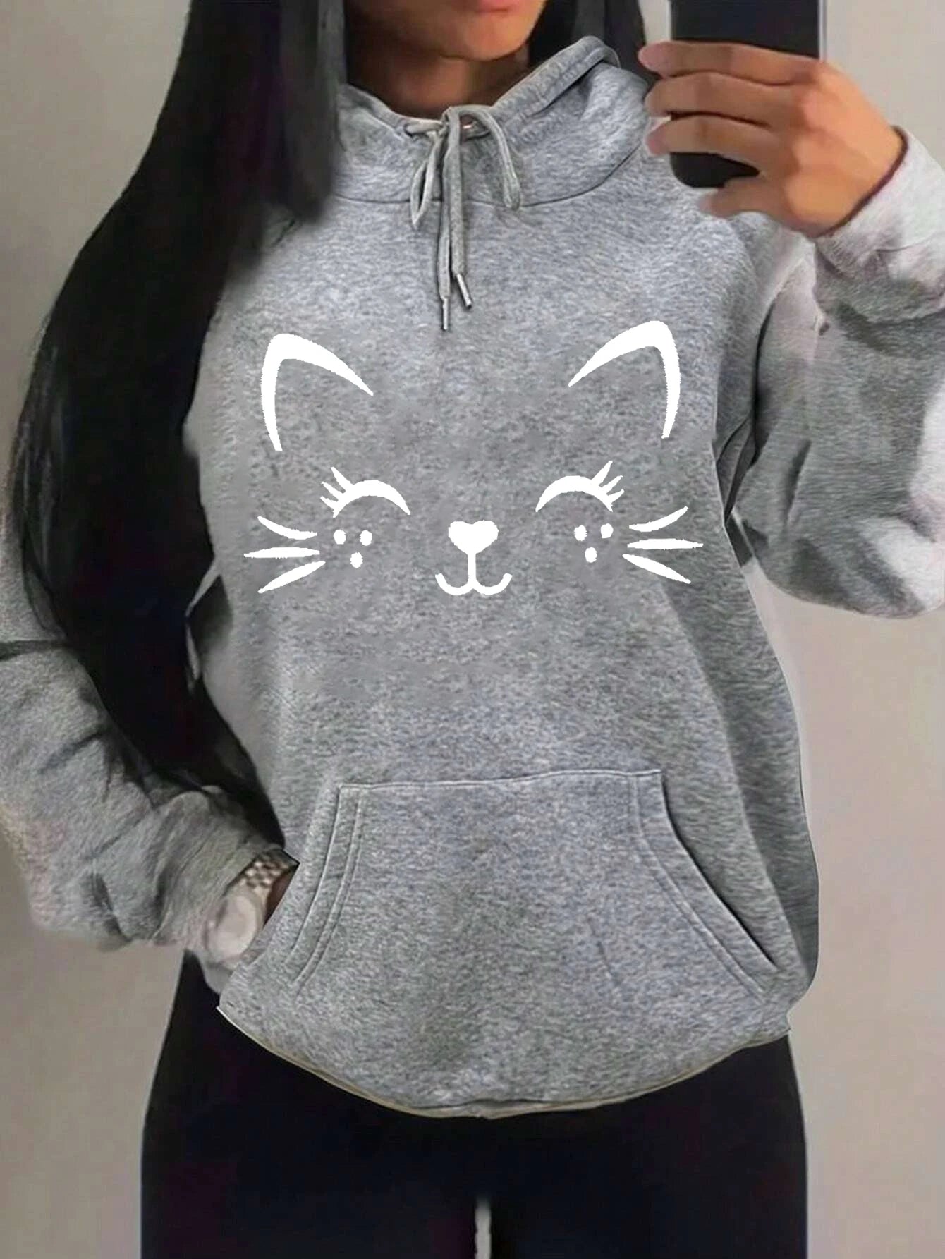 Casual Hip Hop Hoodie Happy Cat Pulloverar