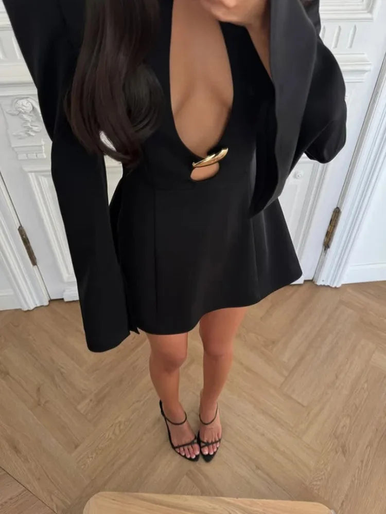 Metal Buckle Long Sleeve Sexy Dress
