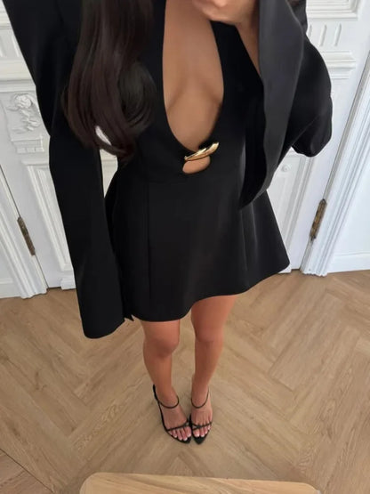 Metal Buckle Long Sleeve Sexy Dress