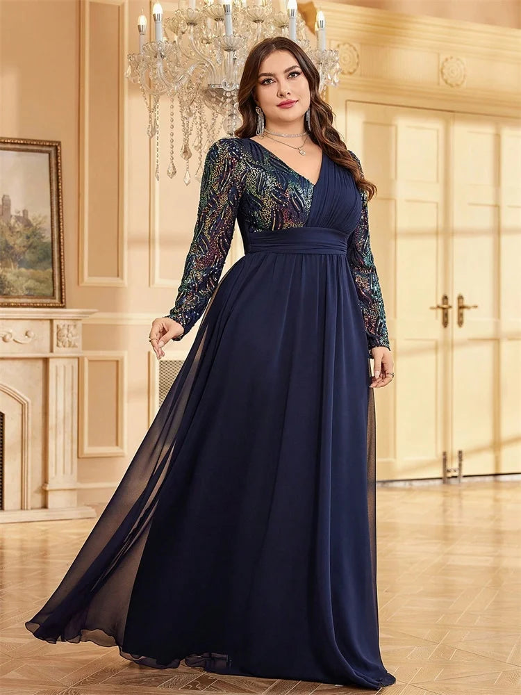 Plus Size Luxury Chiffon Long Sleeve Evening Dress