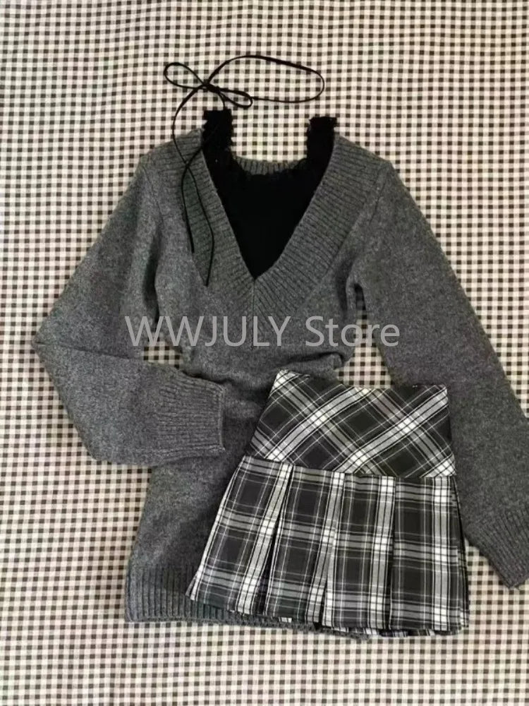 Suéter de cuello en V coqueto, manga larga, estilo pullover