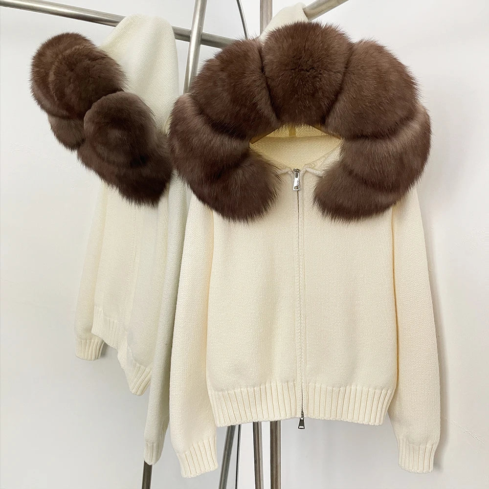 Autumn Winter Casual Hooded Real Fox Fur Collar Short Knitted Jacket