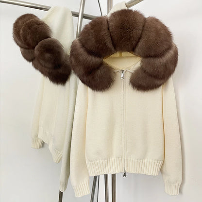 Autumn Winter Casual Hooded Real Fox Fur Collar Short Knitted Jacket