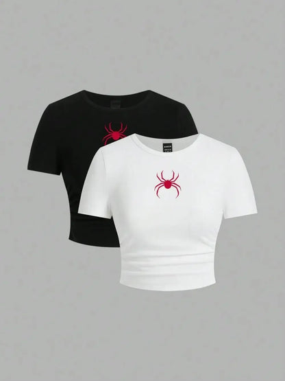 Simple Red Spider Printing Crop Tops Street Slim-fit T-Shirt