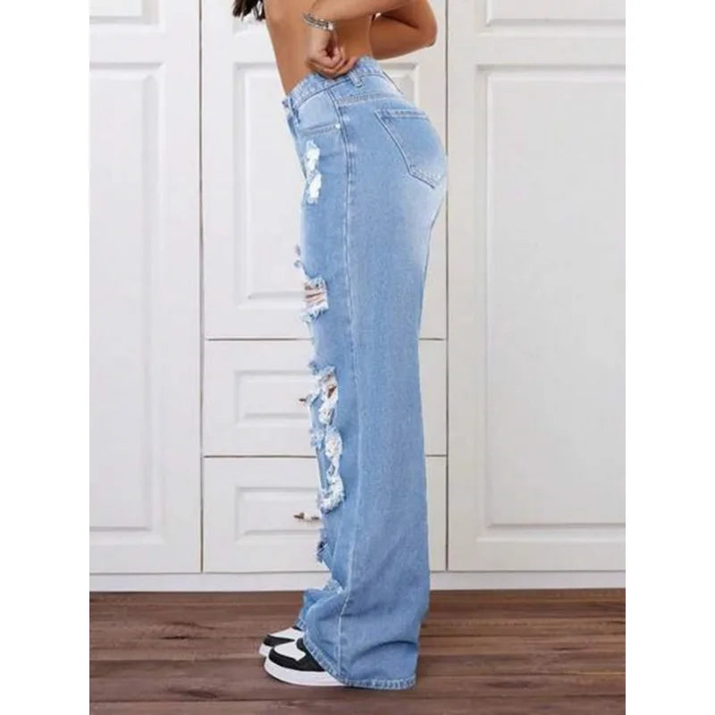 Light Blue Distressed Baggy Relaxed Fit Wide Leg Jeans Pants
